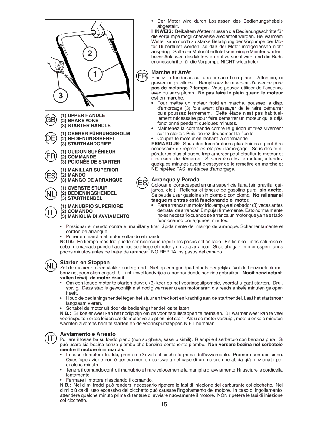 McCulloch M6553D instruction manual Marche et Arrêt, Arranque y Parada, Starten en Stoppen, Avviamento e Arresto 