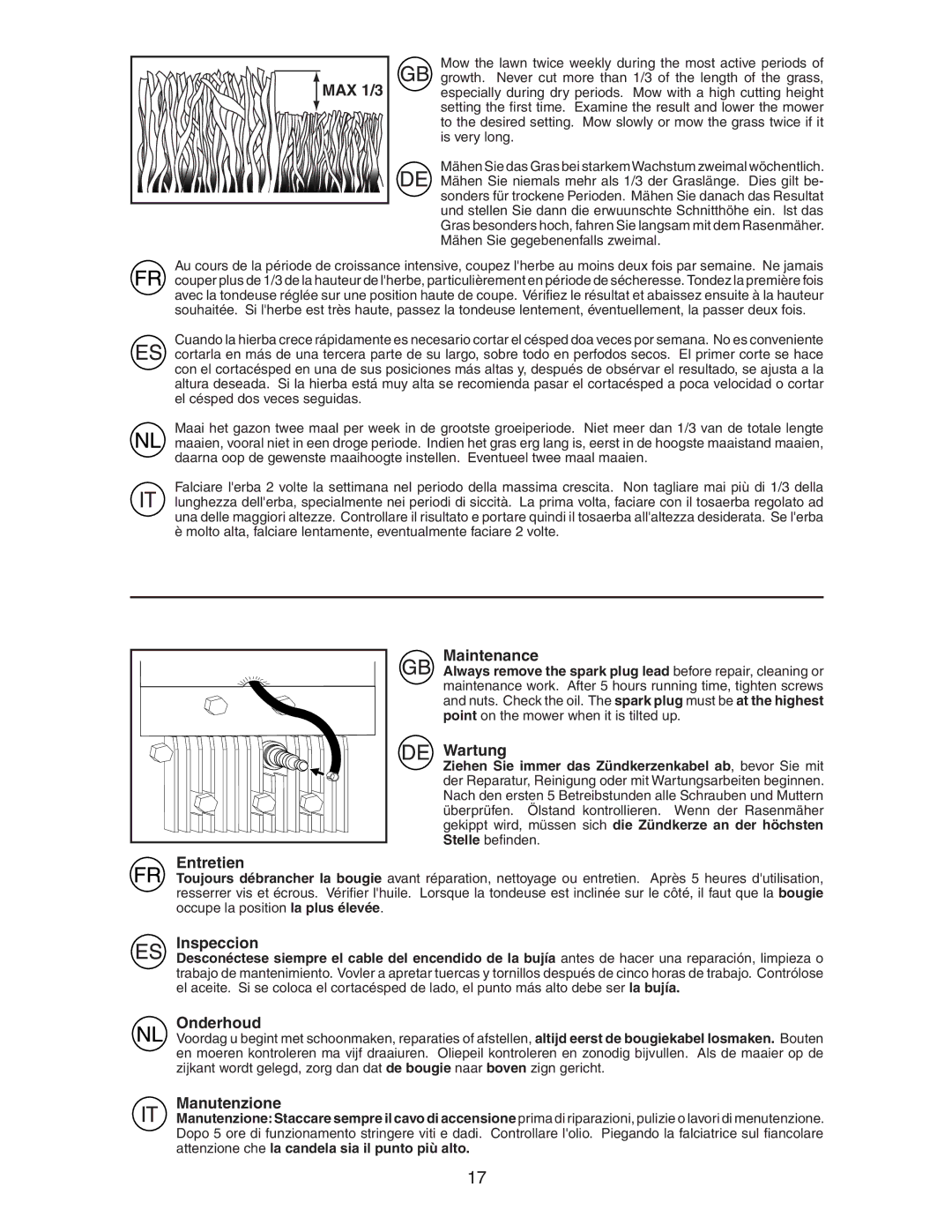 McCulloch M6553D instruction manual MAX 1/3, Maintenance, Wartung, Inspeccion, Onderhoud, Manutenzione 