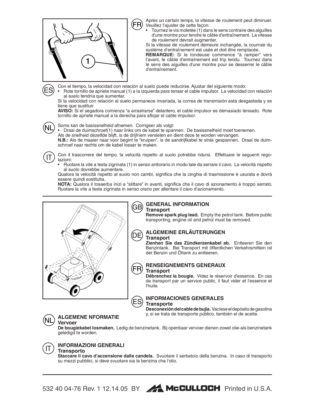 McCulloch M6553D instruction manual Vervoer, Transporte, Transporto 