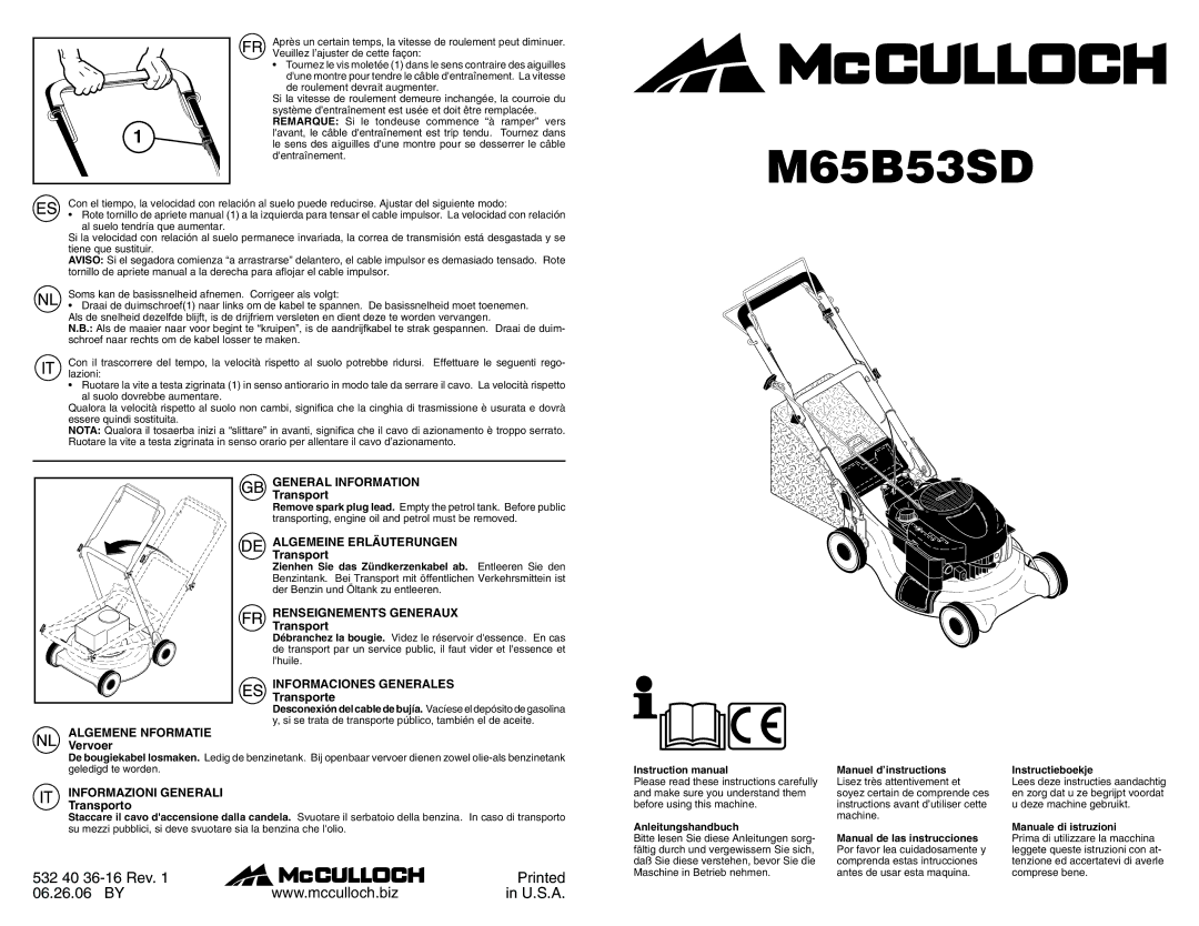 McCulloch M65B53SD instruction manual Algemene Nformatie, General Information, Algemeine Erläuterungen 