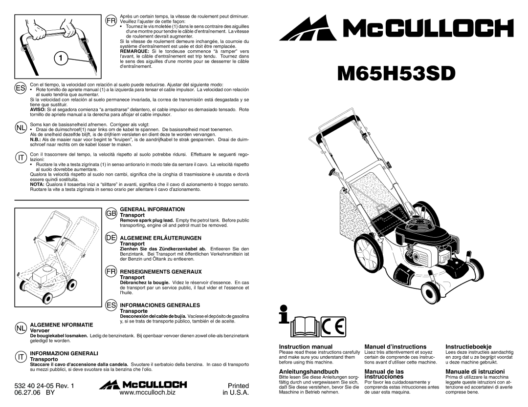 McCulloch M65H53SD instruction manual Algemene Nformatie, General Information, Algemeine Erläuterungen 