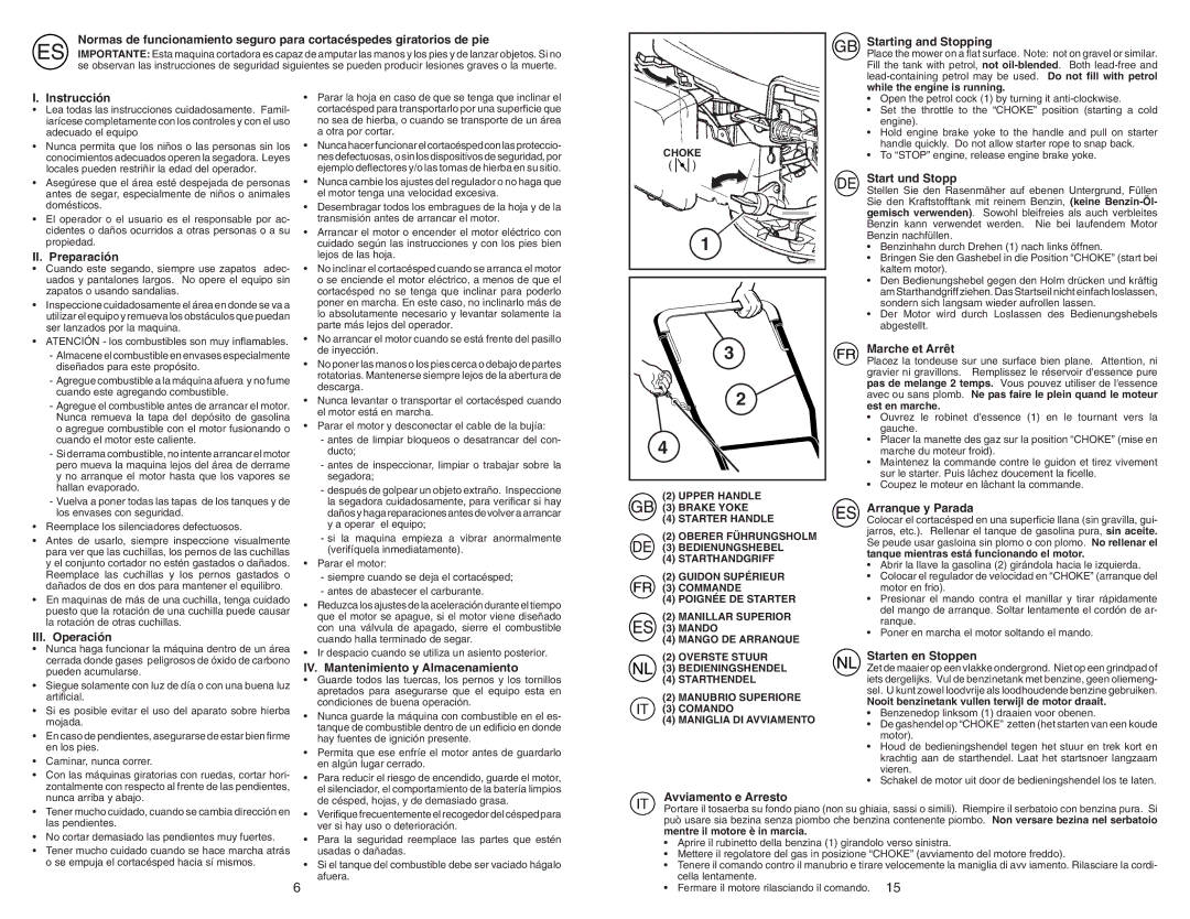 McCulloch M65H53SD Starting and Stopping, Instrucción, II. Preparación, III. Operación, IV. Mantenimiento y Almacenamiento 