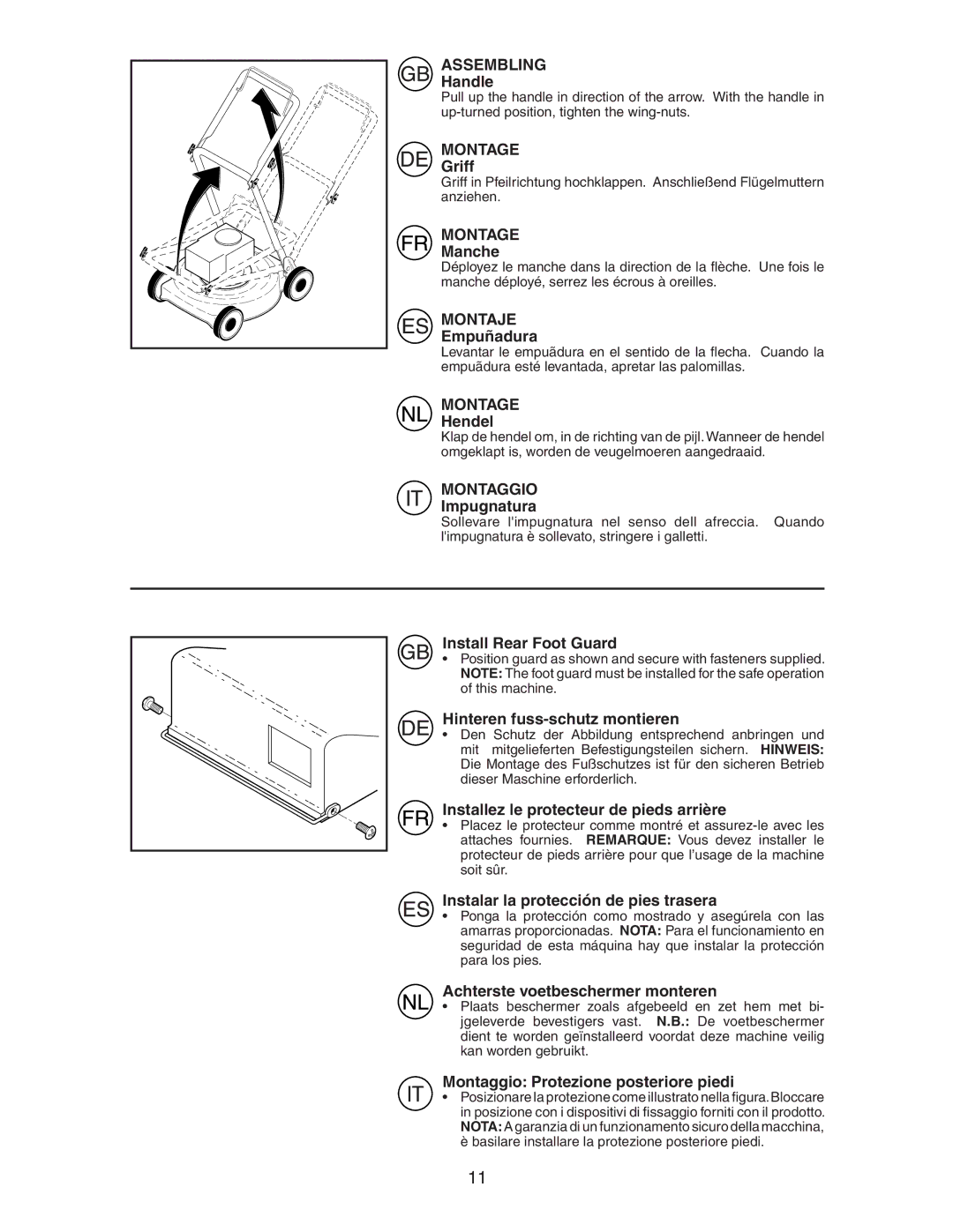 McCulloch M7053D instruction manual Handle, Griff, Manche, Empuñadura, Hendel, Impugnatura, Install Rear Foot Guard 