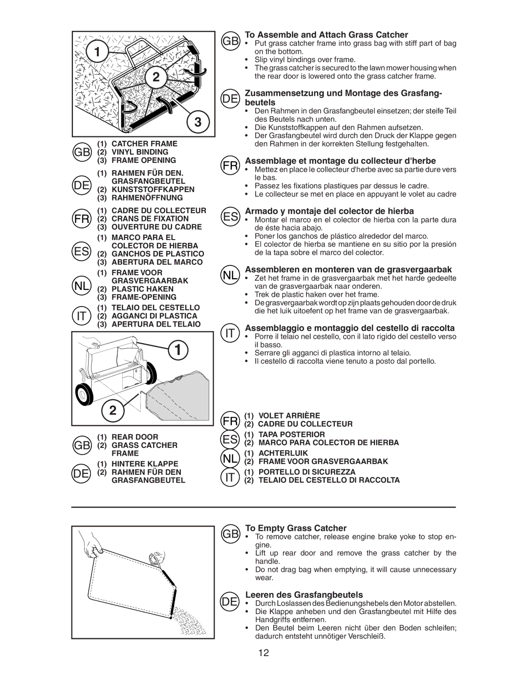 McCulloch M7053D instruction manual To Assemble and Attach Grass Catcher, Zusammensetzung und Montage des Grasfang- beutels 