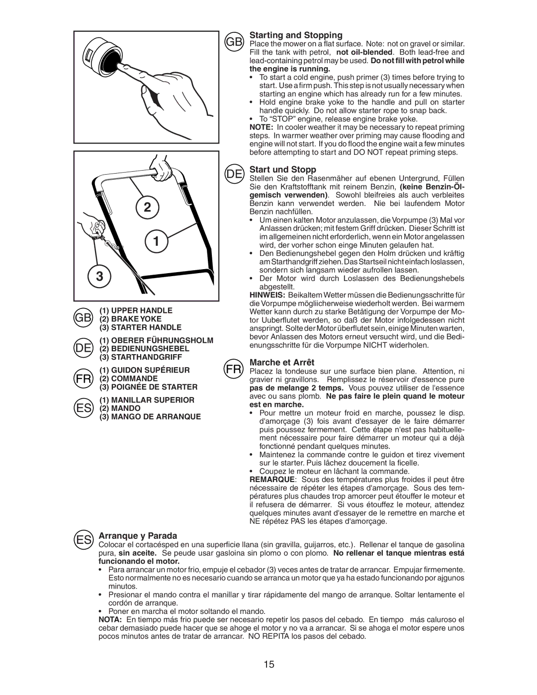 McCulloch M7053D instruction manual Starting and Stopping, Start und Stopp, Marche et Arrêt, Arranque y Parada 