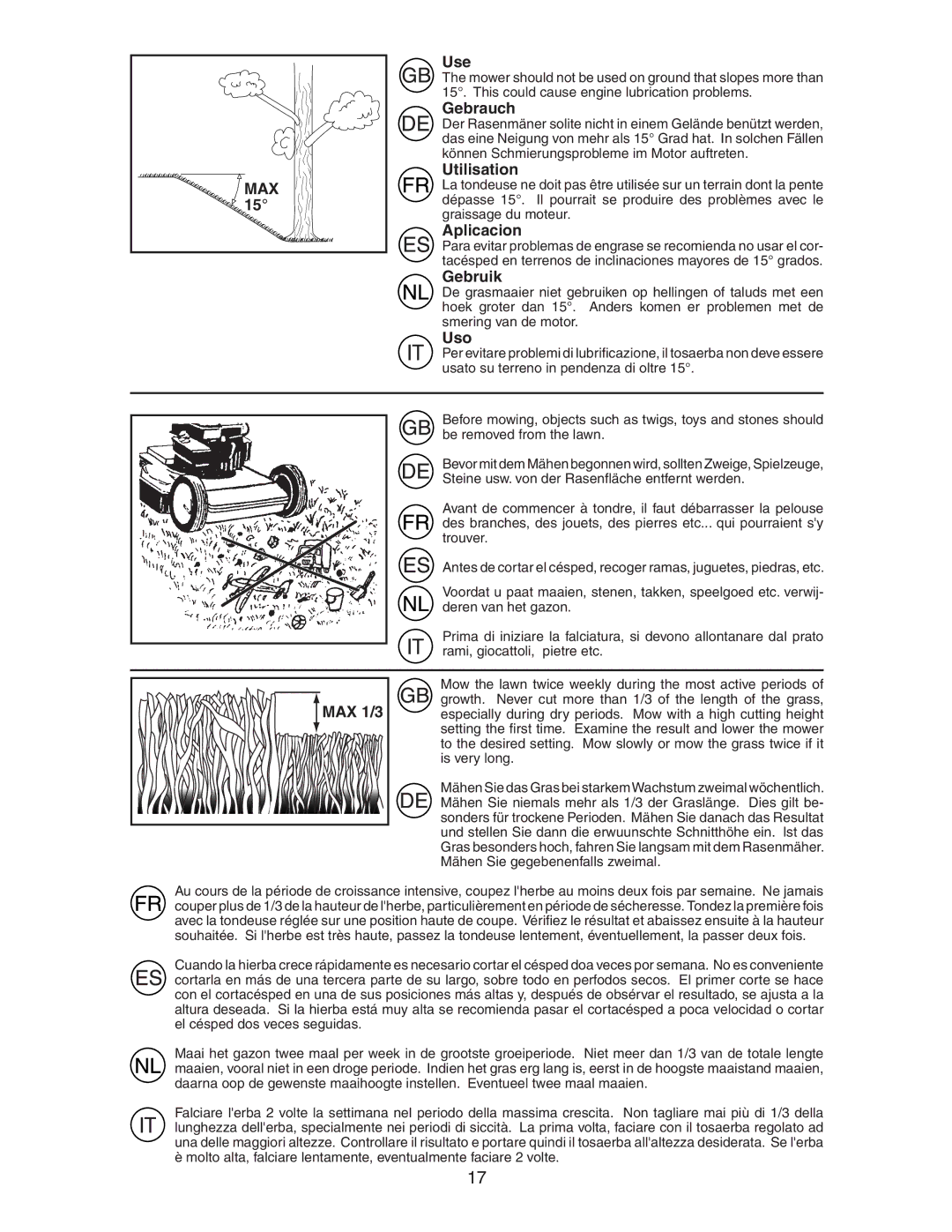 McCulloch M7053D instruction manual MAX Use, Gebrauch, Utilisation, Aplicacion, Gebruik, Uso, MAX 1/3 