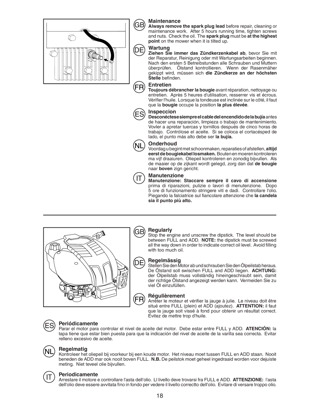 McCulloch M7053D Maintenance, Wartung, Entretien, Inspeccion, Onderhoud, Manutenzione, Regularly, Regelmässig, Regelmatig 