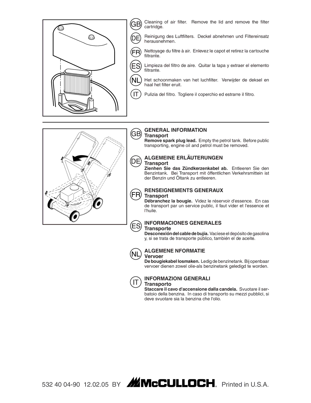 McCulloch M7053D instruction manual Transporte, Vervoer, Transporto 