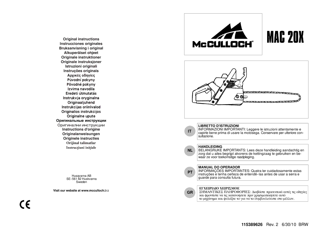 McCulloch MAC 20X manual Оригинальные инструкции, Libretto D’ISTRUZIONI, Handleiding, Manual do Operador 