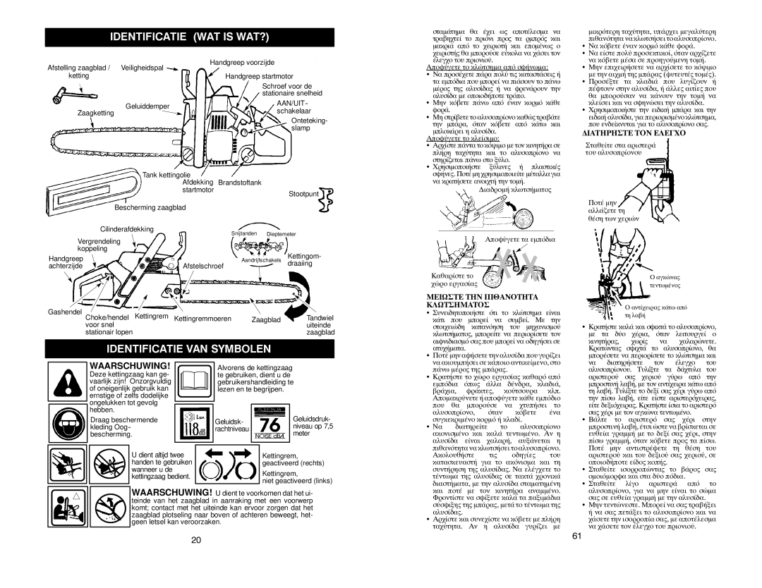 McCulloch MAC 20X manual Identificatie WAT is WAT?, Identificatie VAN Symbolen, Μειωστε ΤΗΝ Πιθανοτητα Κλωτσηματοσ, Aan/Uit 