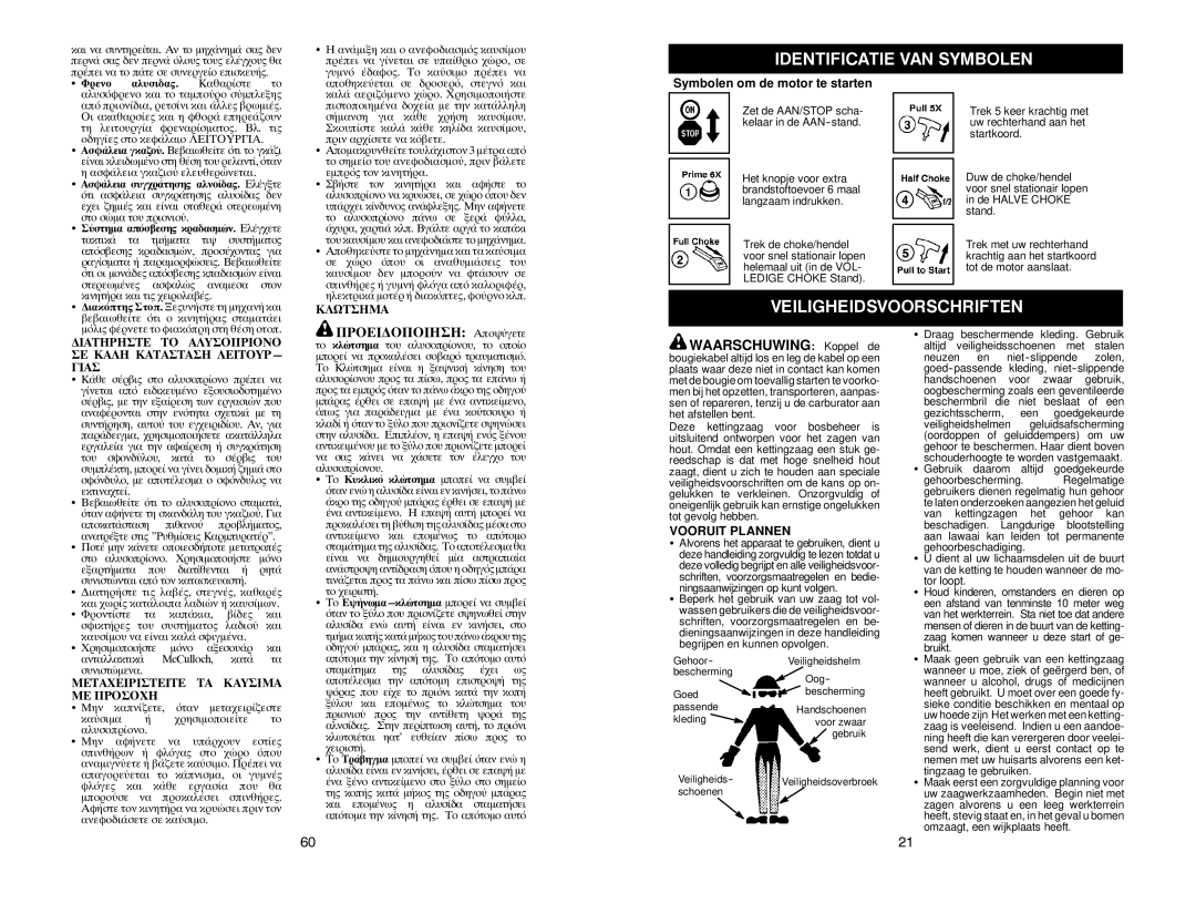 McCulloch MAC 20X manual Veiligheidsvoorschriften, ΠΡΟΕΙ∆ΟΠΟΙΗΣΗ Αποψύγετε, Waarschuwing Koppel de 