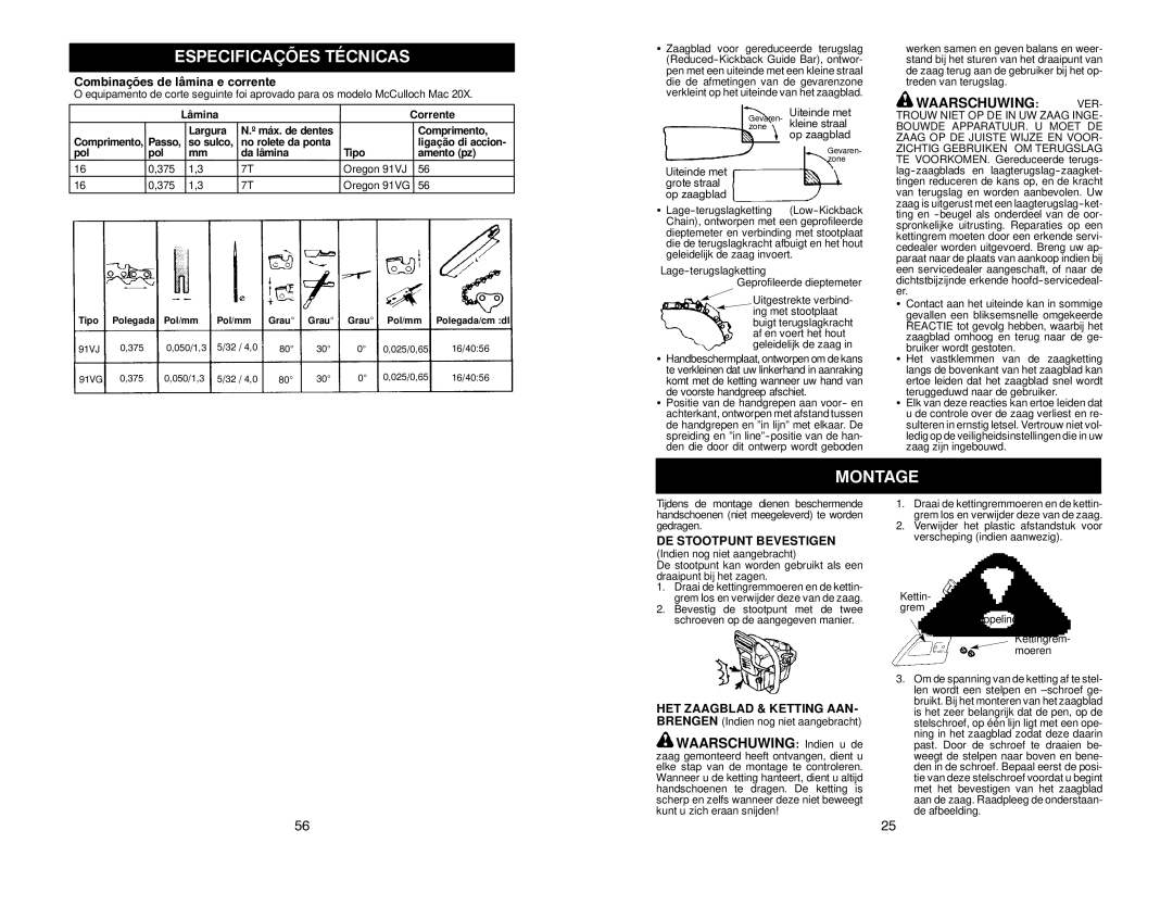 McCulloch MAC 20X manual Especificações Técnicas, Montage, Waarschuwing Indien u de, Combinações de lâmina e corrente 