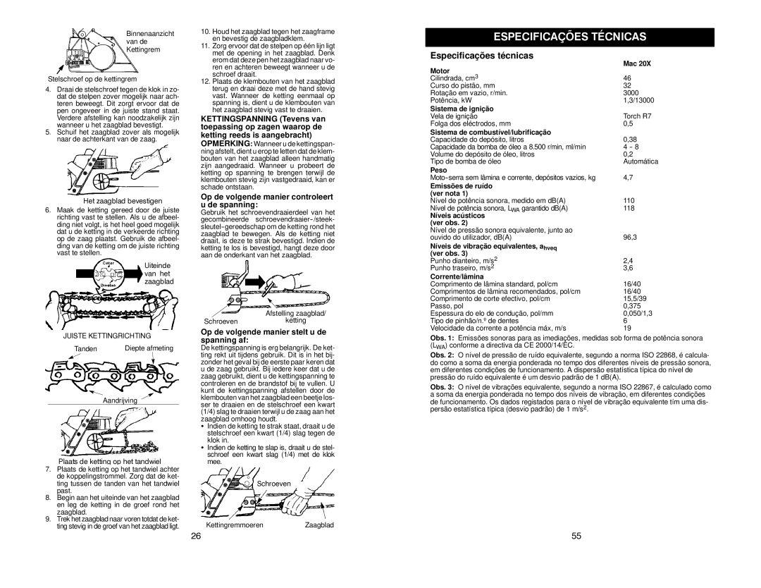 McCulloch MAC 20X manual Especificações técnicas, Op de volgende manier controleert u de spanning 