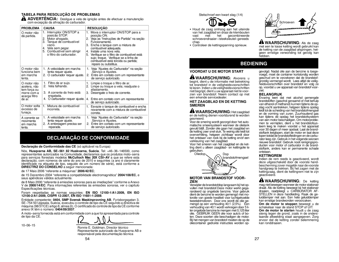 McCulloch MAC 20X manual Bediening, Declaração DE Conformidade 