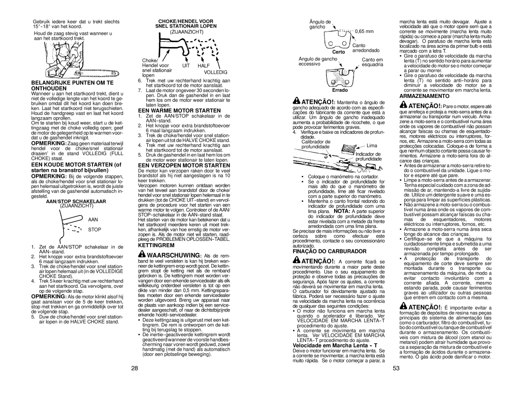 McCulloch MAC 20X manual Waarschuwing Als de rem, Armazenamento 