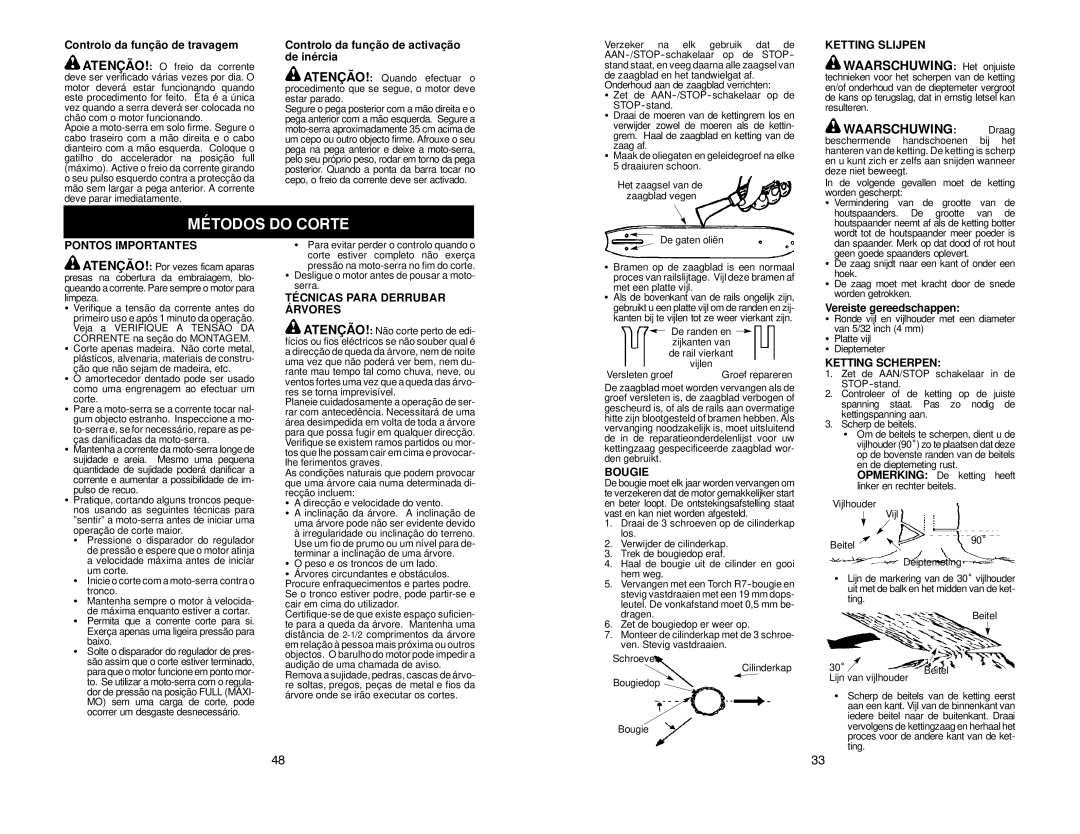 McCulloch MAC 20X manual Métodos do Corte, Waarschuwing Het onjuiste, Waarschuwing Draag 