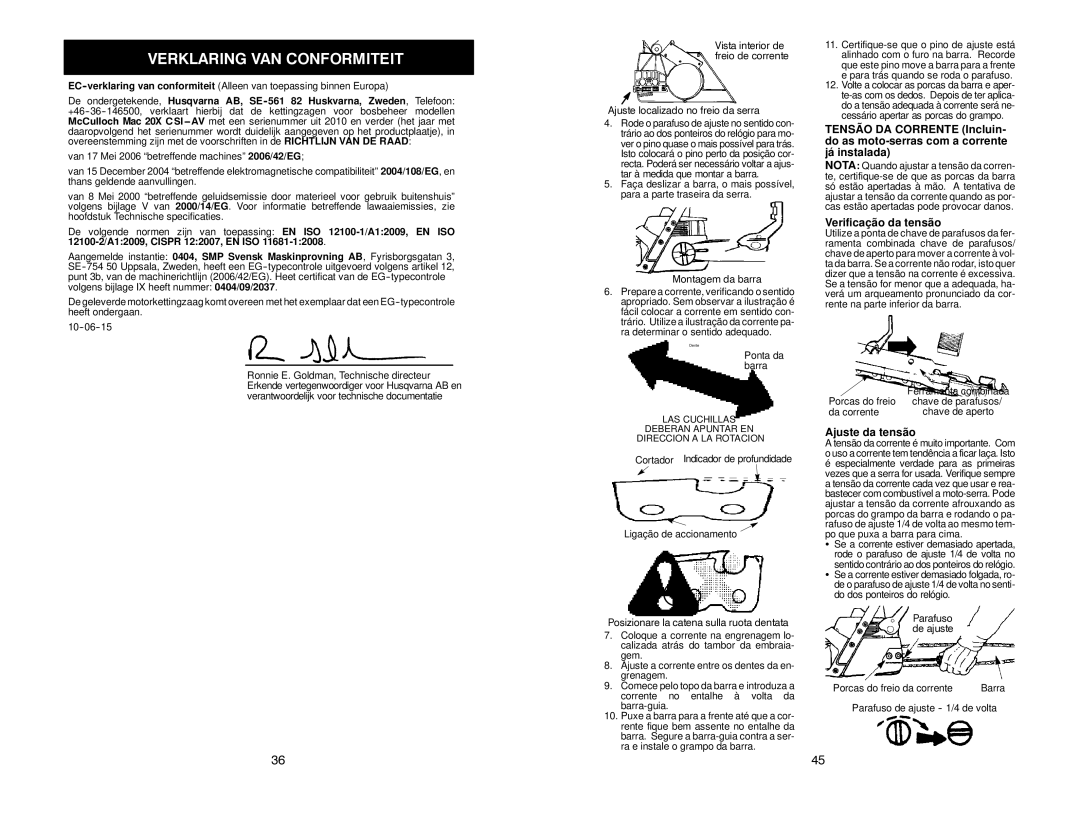 McCulloch MAC 20X manual Verklaring VAN Conformiteit, Verificação da tensão, Ajuste da tensão 