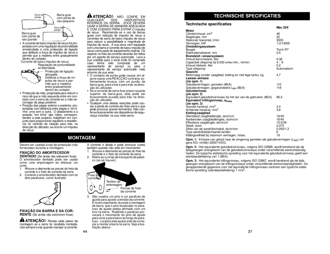 McCulloch MAC 20X manual Technische Specificaties, Montagem, Technische specificaties 