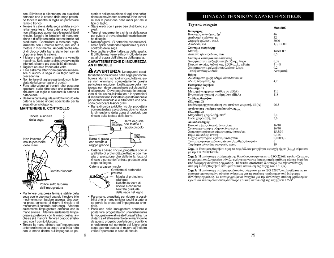 McCulloch MAC 20X manual Τεχνικά στοιχεία, Mantenere IL Controllo, Caratteristiche DI Sicurezza Antirinculo 