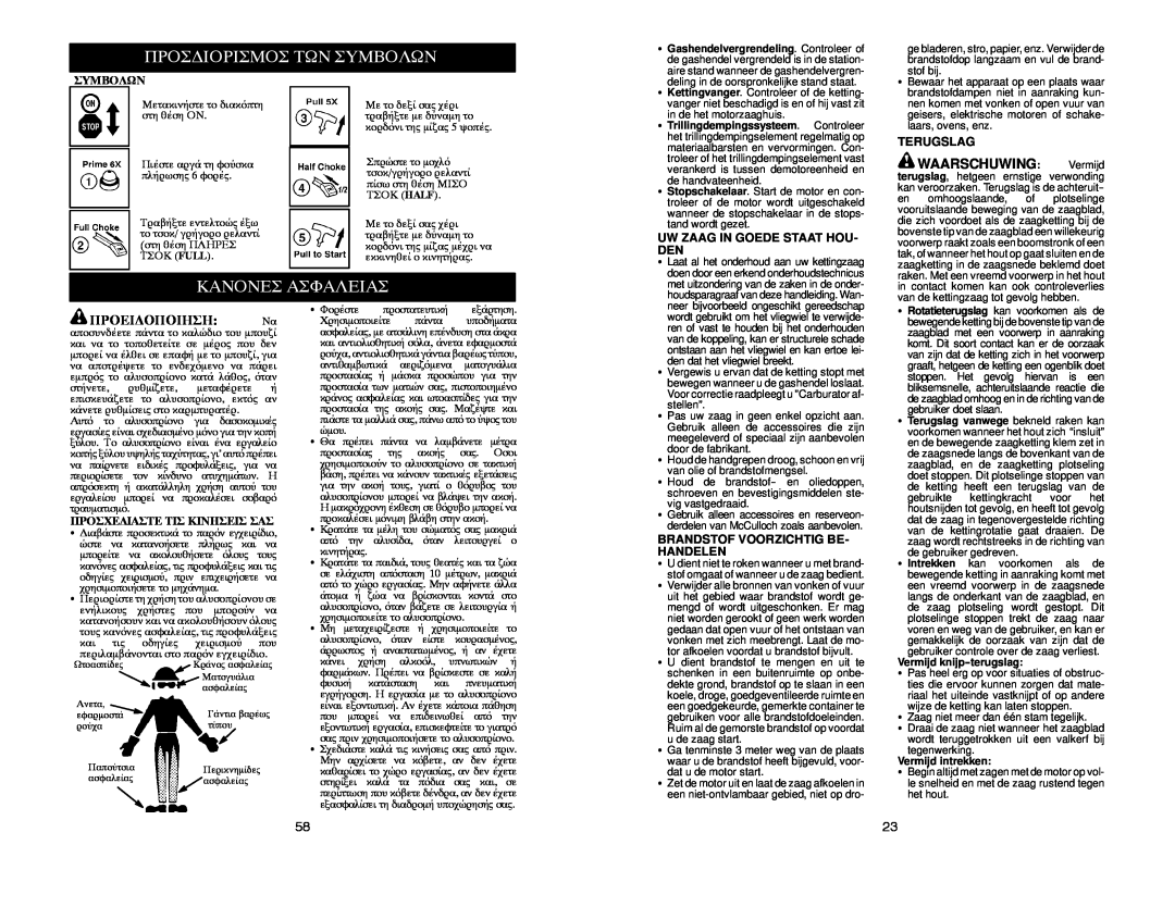 McCulloch MAC 20X manual Προσ∆Ιορισμοσ Των Συμβολων, Κανονεσ Ασφαλειασ, WAARSCHUWING Vermijd, ΠΡΟΕΙ∆ΟΠΟΙΗΣΗ Να, Terugslag 