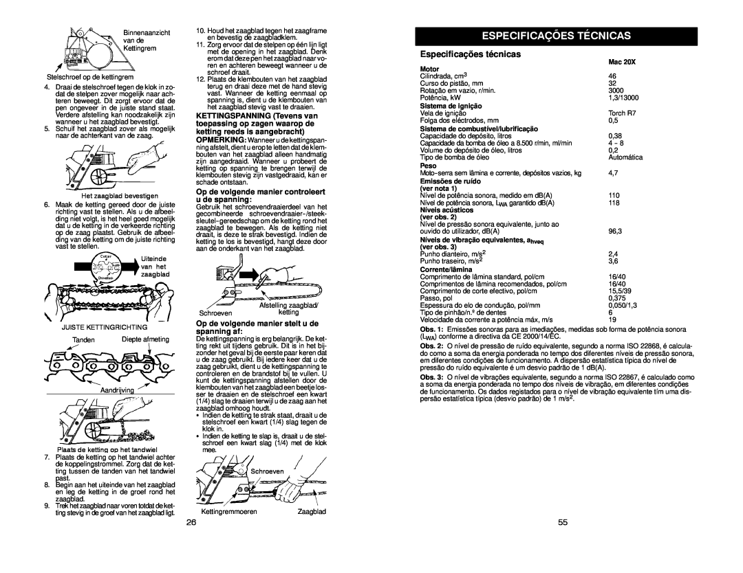 McCulloch MAC 20X manual Especificações técnicas, Op de volgende manier controleert u de spanning, Especificações Técnicas 