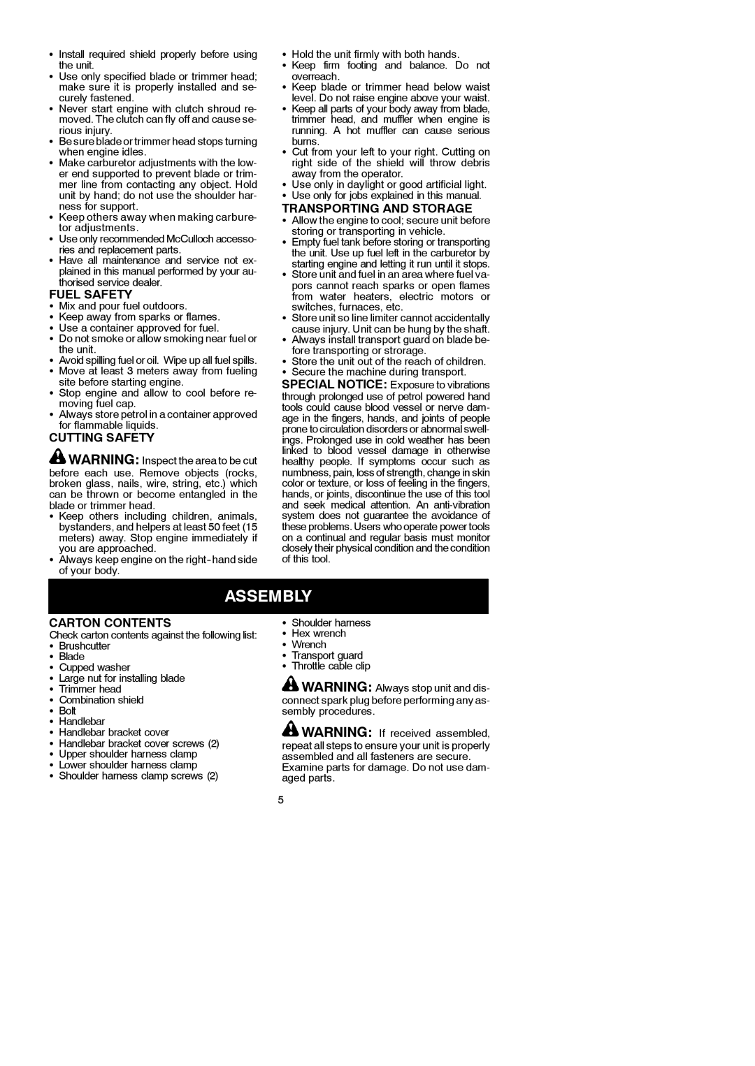 McCulloch MAC 250 B instruction manual Assembly, Fuel Safety, Cutting Safety, Transporting and Storage, Carton Contents 