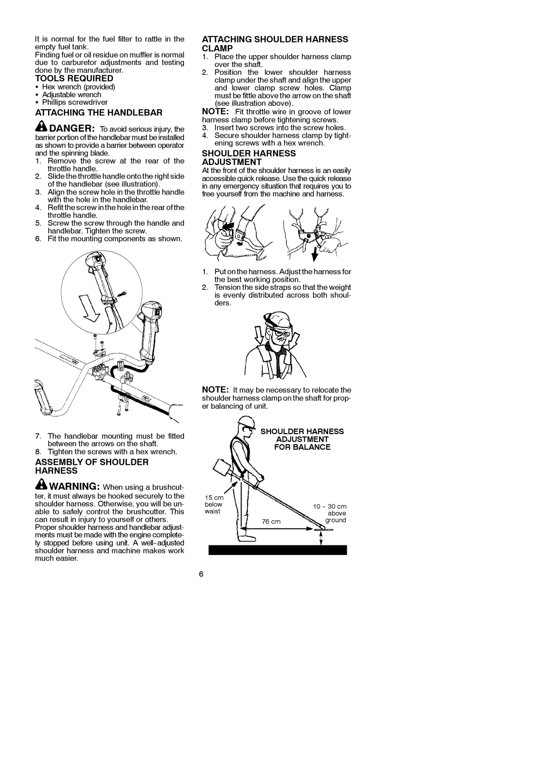 McCulloch MAC 250 B Tools Required, Attaching the Handlebar, Assembly of Shoulder Harness, Shoulder Harness Adjustment 