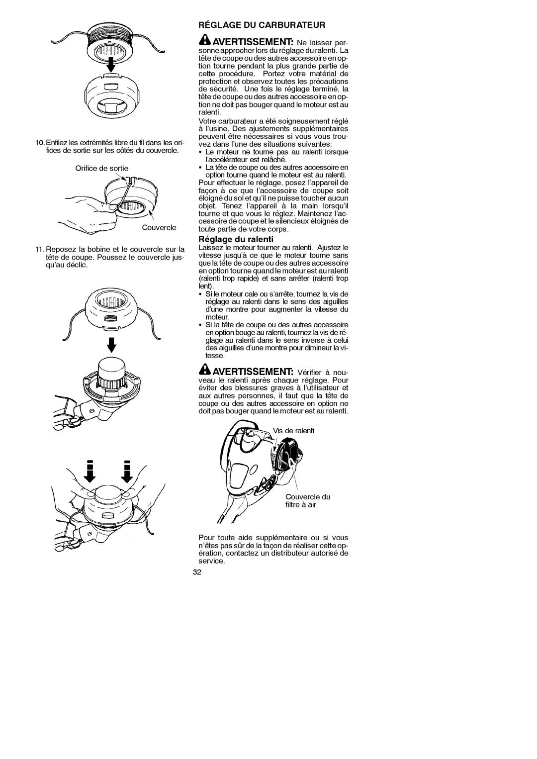 McCulloch MAC 250 L instruction manual Avertissement Ne laisser per, Avertissement Vérifier à nou, Réglage DU Carburateur 