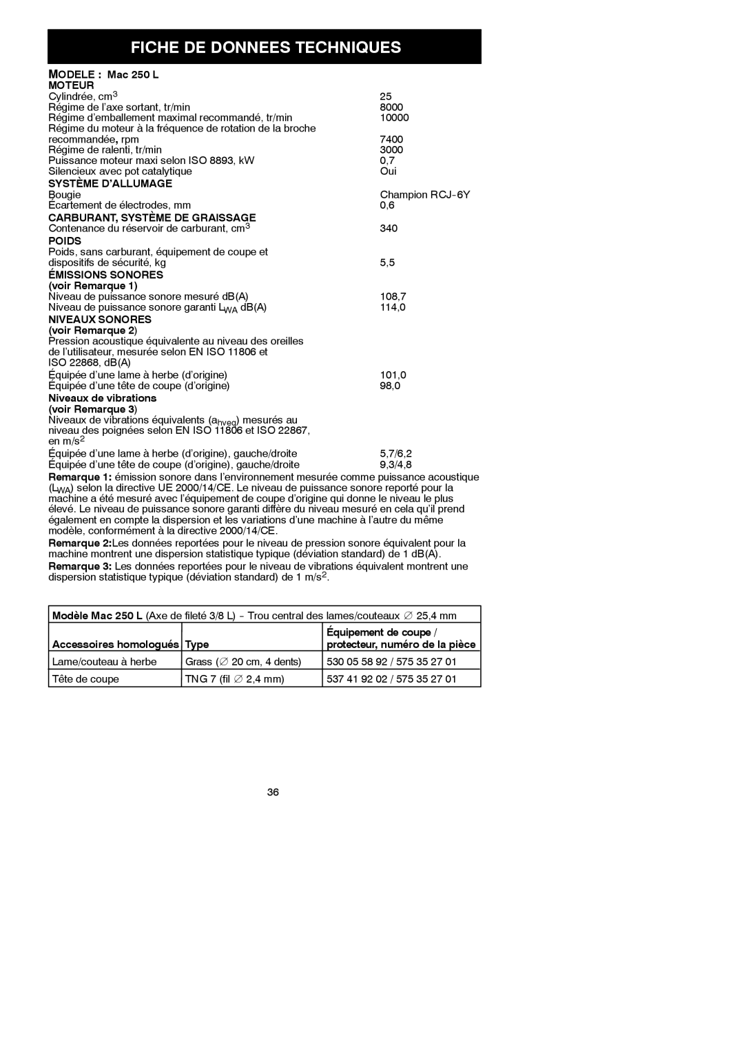 McCulloch MAC 250 L instruction manual Fiche DE Donnees Techniques, Bougie, Écartement de électrodes, mm 