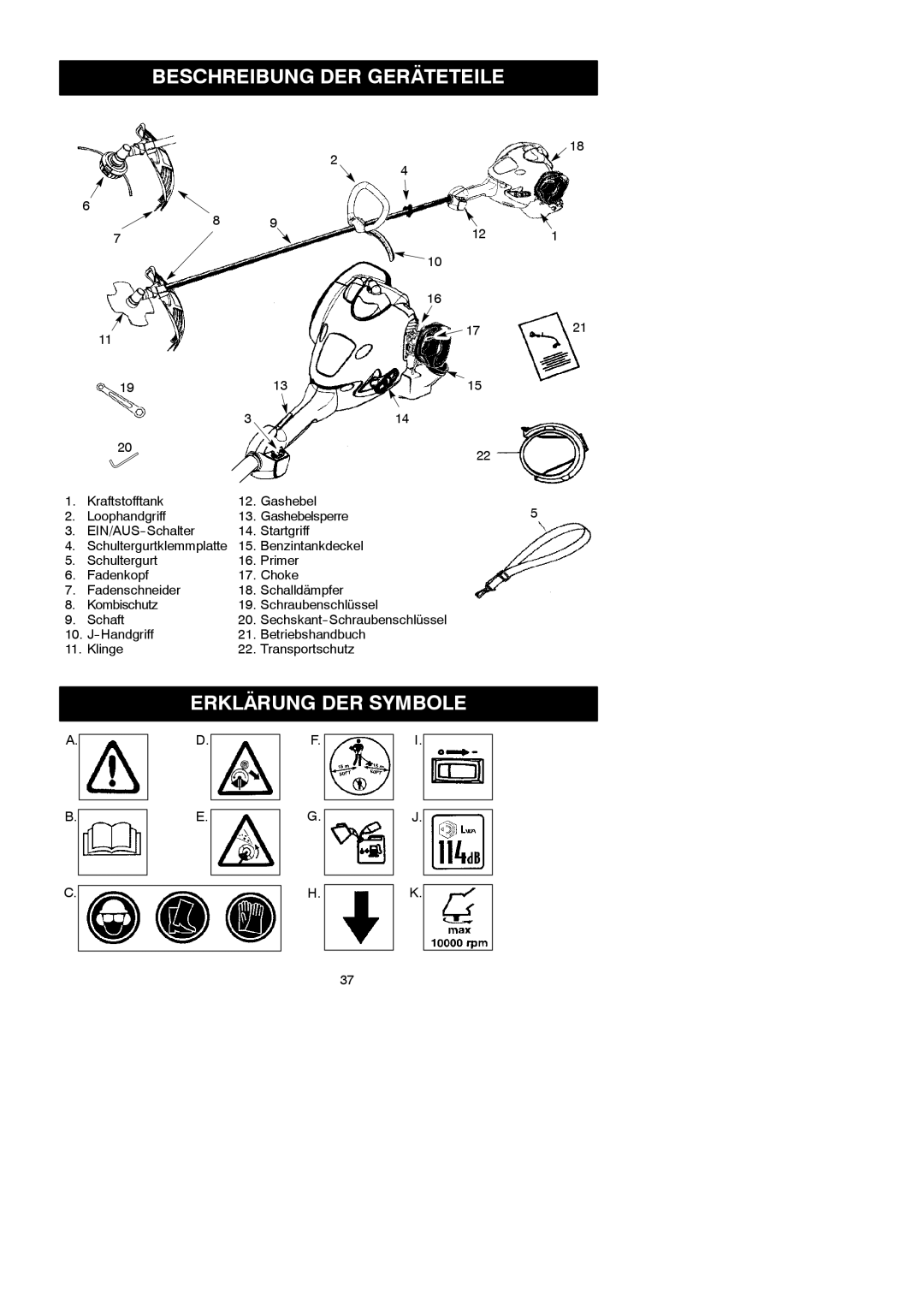 McCulloch MAC 250 L instruction manual Beschreibung DER Geräteteile, Erklärung DER Symbole, Gashebel 