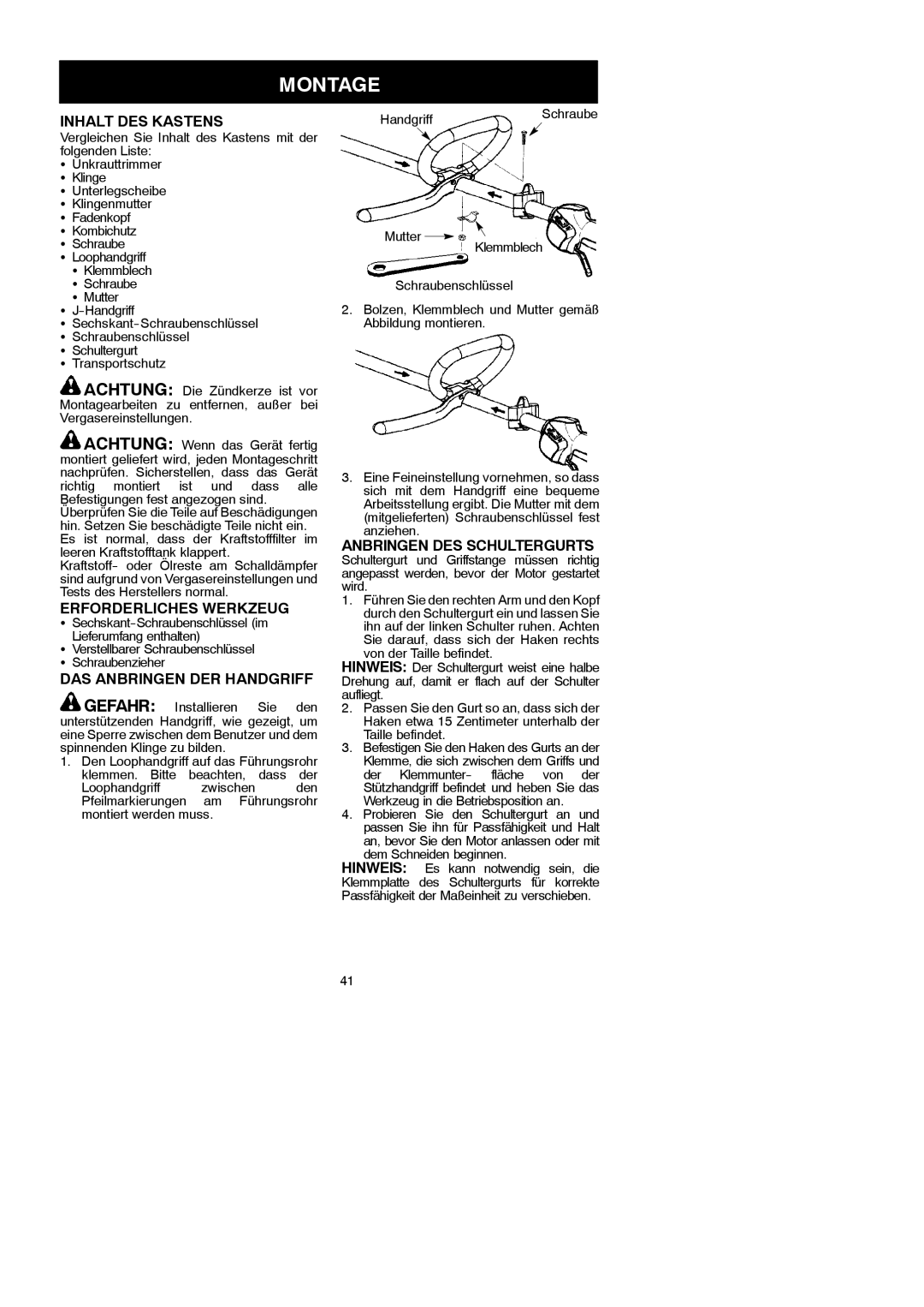 McCulloch MAC 250 L instruction manual Montage, Inhalt DES Kastens, Erforderliches Werkzeug, DAS Anbringen DER Handgriff 