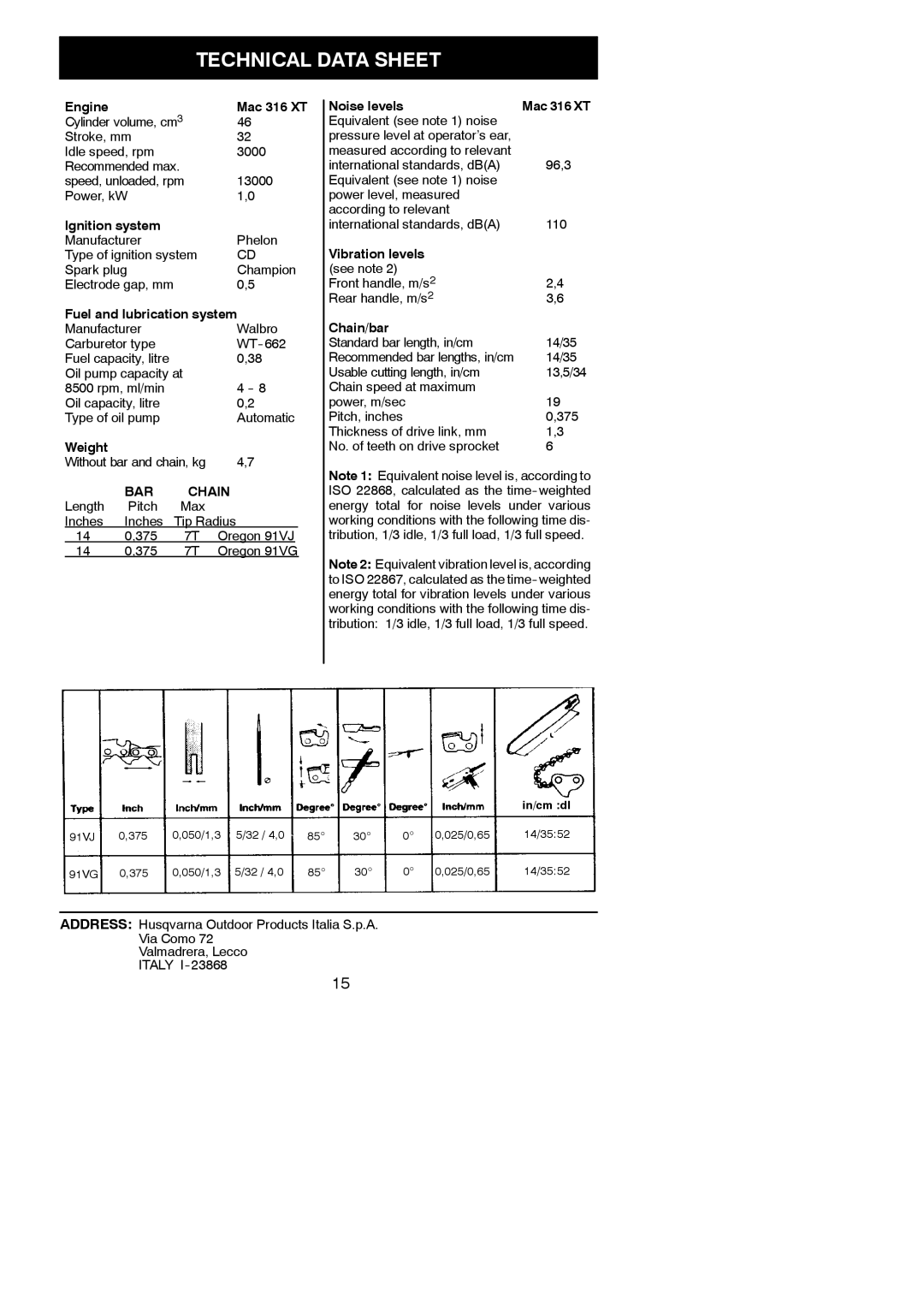 McCulloch MAC 316 XT instruction manual Technical Data Sheet 