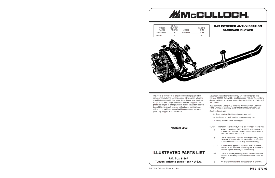 McCulloch MAC 325BP specifications Illustrated Parts List, GAS Powered ANTI-VIBRATION Backpack Blower 