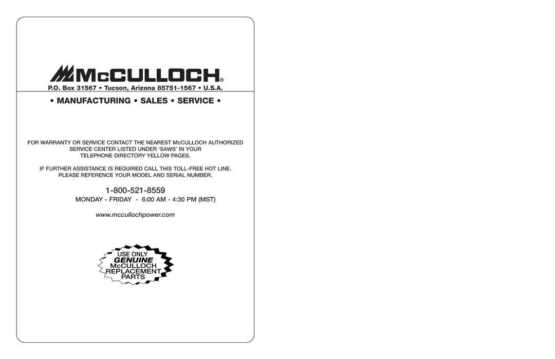 McCulloch MAC 325BP specifications Manufacturing Sales Service 