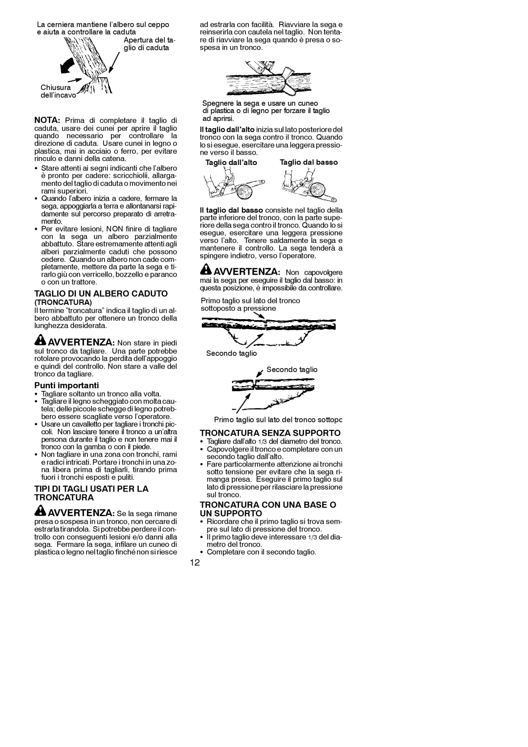 McCulloch MAC 4-20XT, MAC 4-18XT manual Taglio DI UN Albero Caduto, Punti importanti, Tipi DI Tagli Usati PER LA Troncatura 