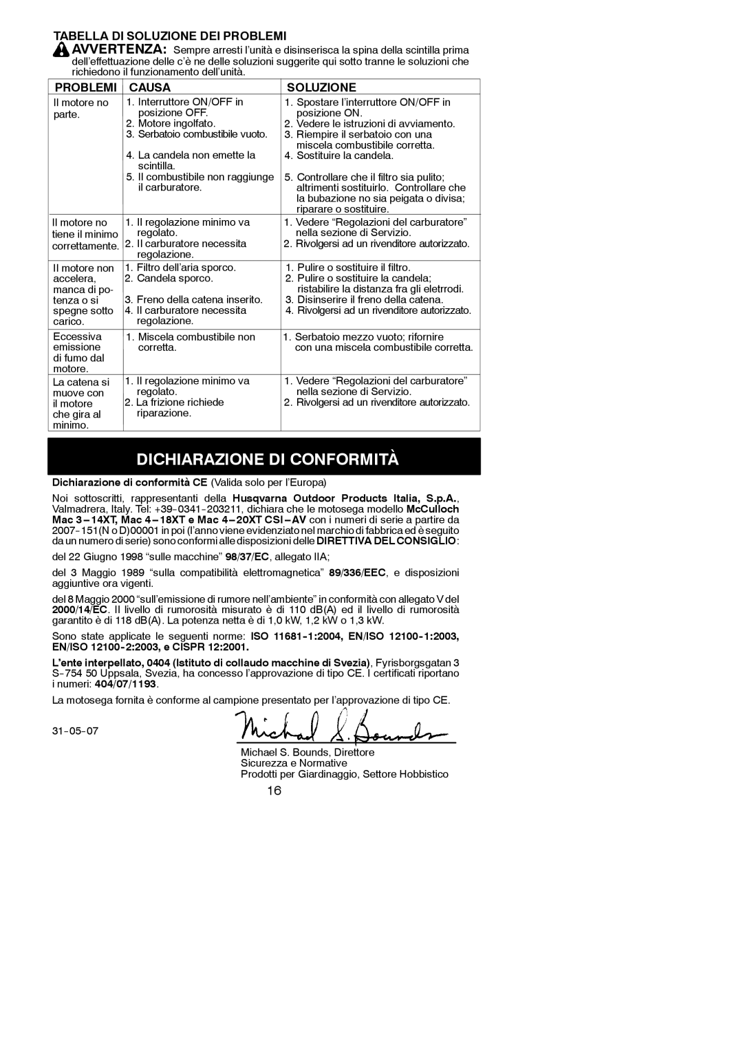 McCulloch MAC 4-18XT, MAC 4-20XT, MAC 3-14XT manual Dichiarazione DI Conformità, Tabella DI Soluzione DEI Problemi 