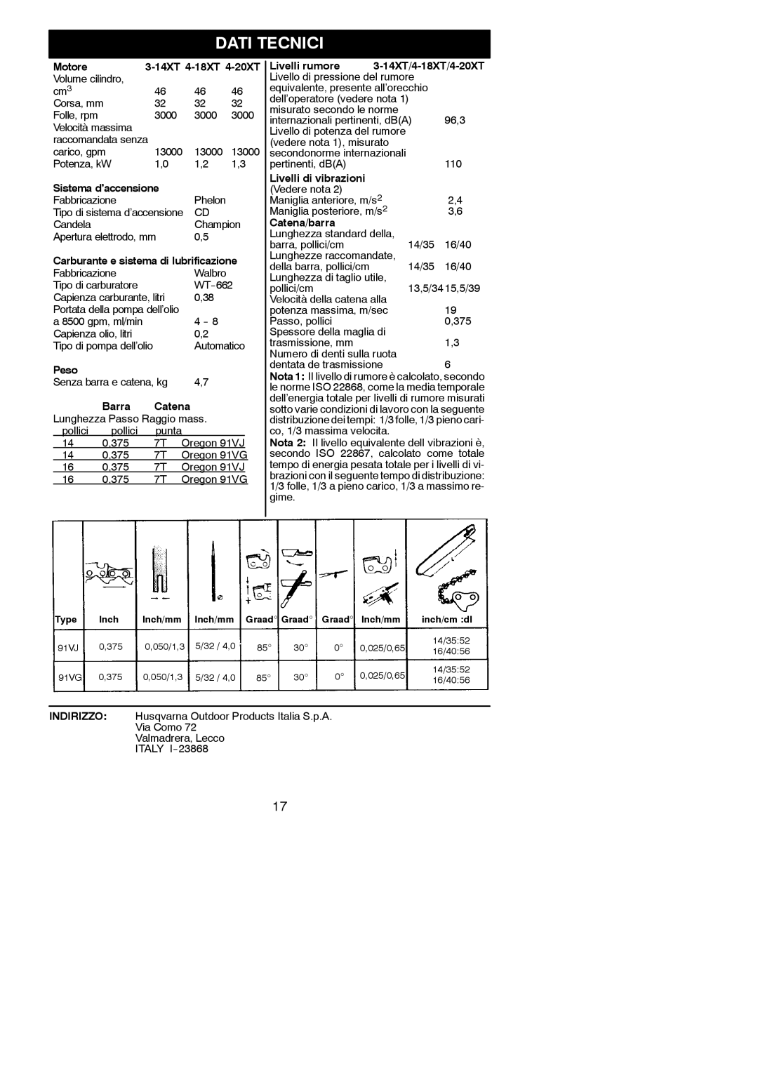 McCulloch MAC 3-14XT, MAC 4-20XT, MAC 4-18XT manual Dati Tecnici 