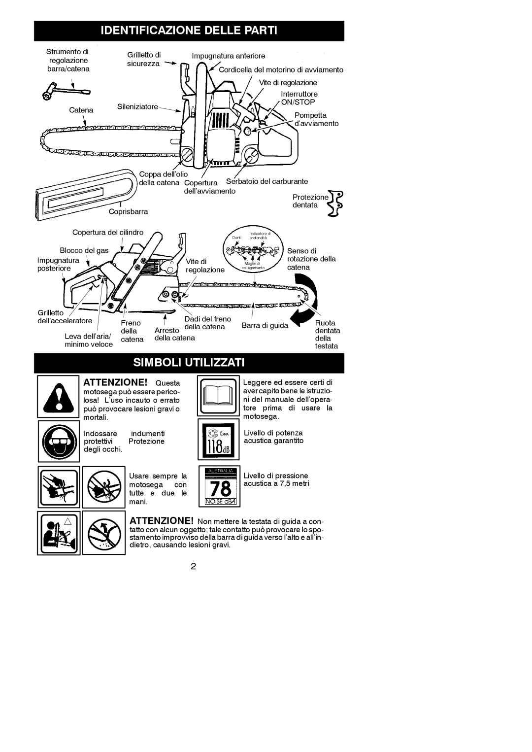 McCulloch MAC 3-14XT, MAC 4-20XT, MAC 4-18XT Identificazione Delle Parti, Simboli Utilizzati, Motosega può essere perico 