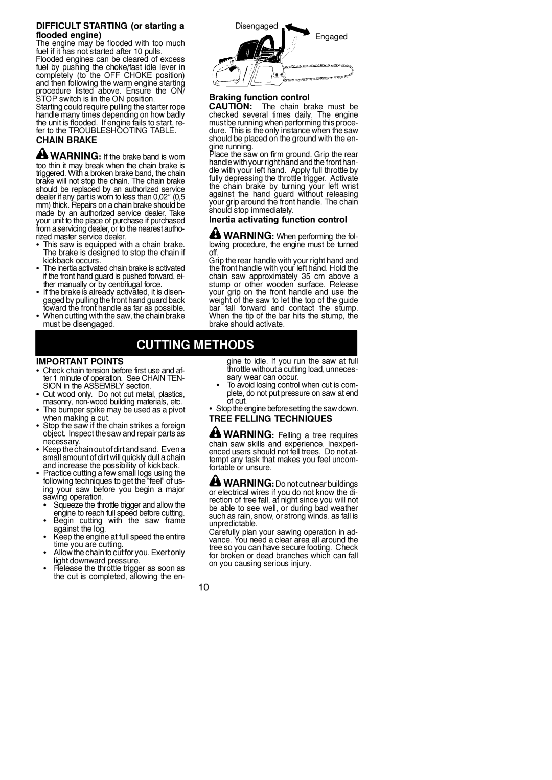 McCulloch MAC 838 instruction manual Cutting Methods, Chain Brake, Important Points, Tree Felling Techniques 