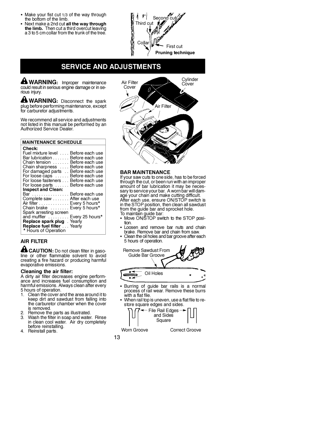 McCulloch MAC 838 instruction manual Service and Adjustments, AIR Filter, Cleaning the air filter, BAR Maintenance 