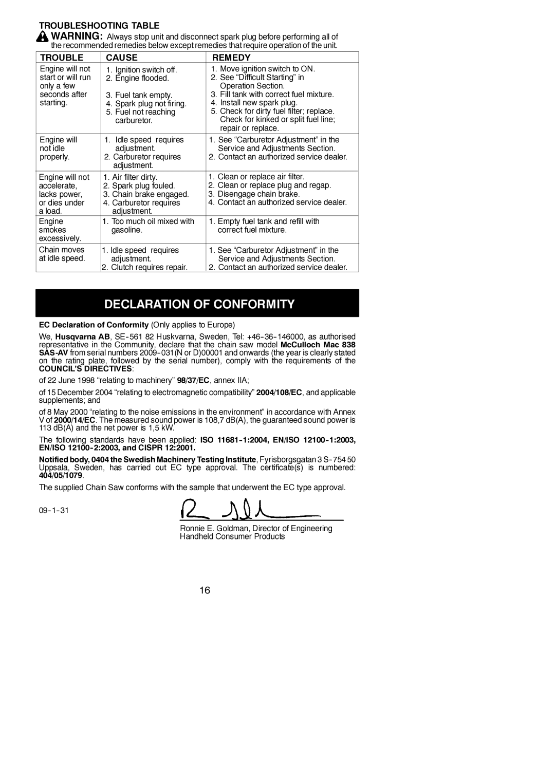 McCulloch MAC 838 instruction manual Declaration of Conformity, Troubleshooting Table Cause Remedy 