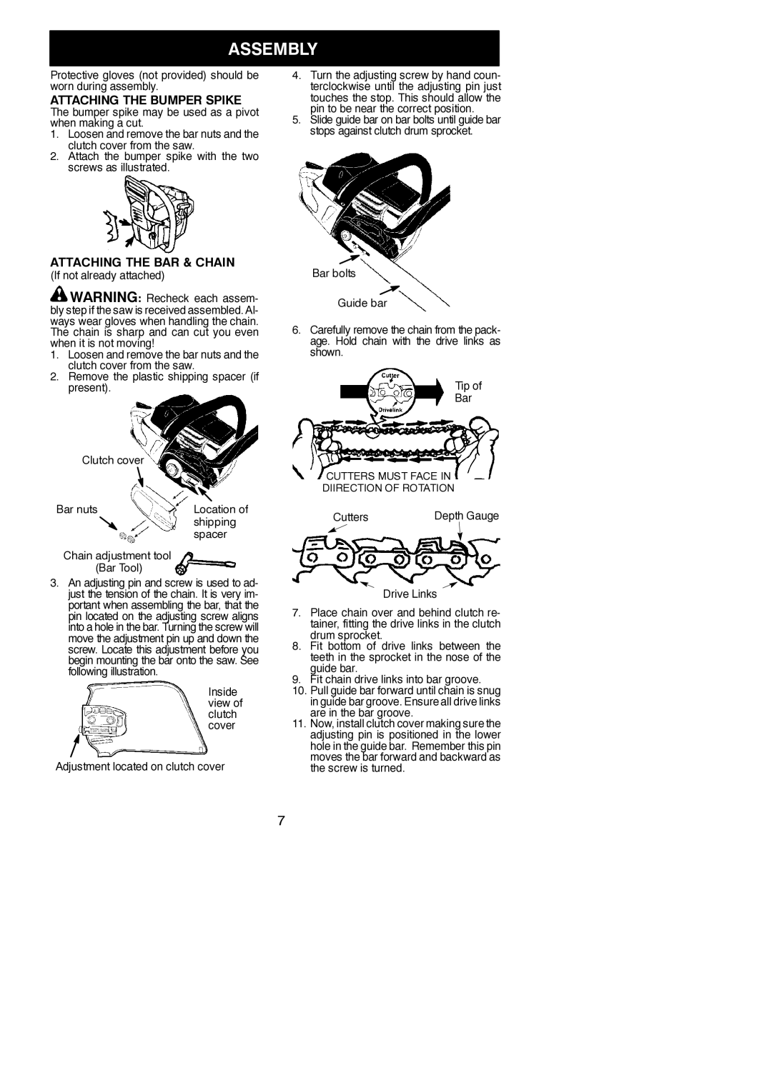 McCulloch MAC 838 instruction manual Assembly, Attaching the Bumper Spike, Attaching the BAR & Chain 