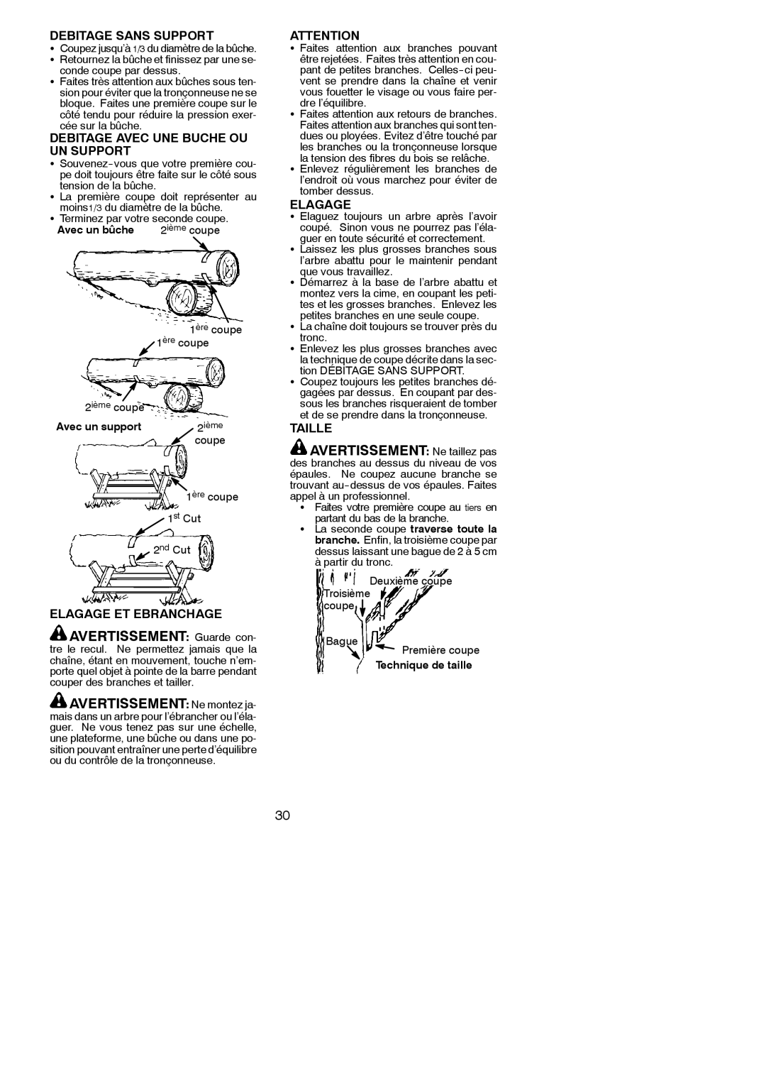 McCulloch MAC 842 instruction manual Avertissement Guarde con, Avertissement Ne montez ja, Avertissement Ne taillez pas 