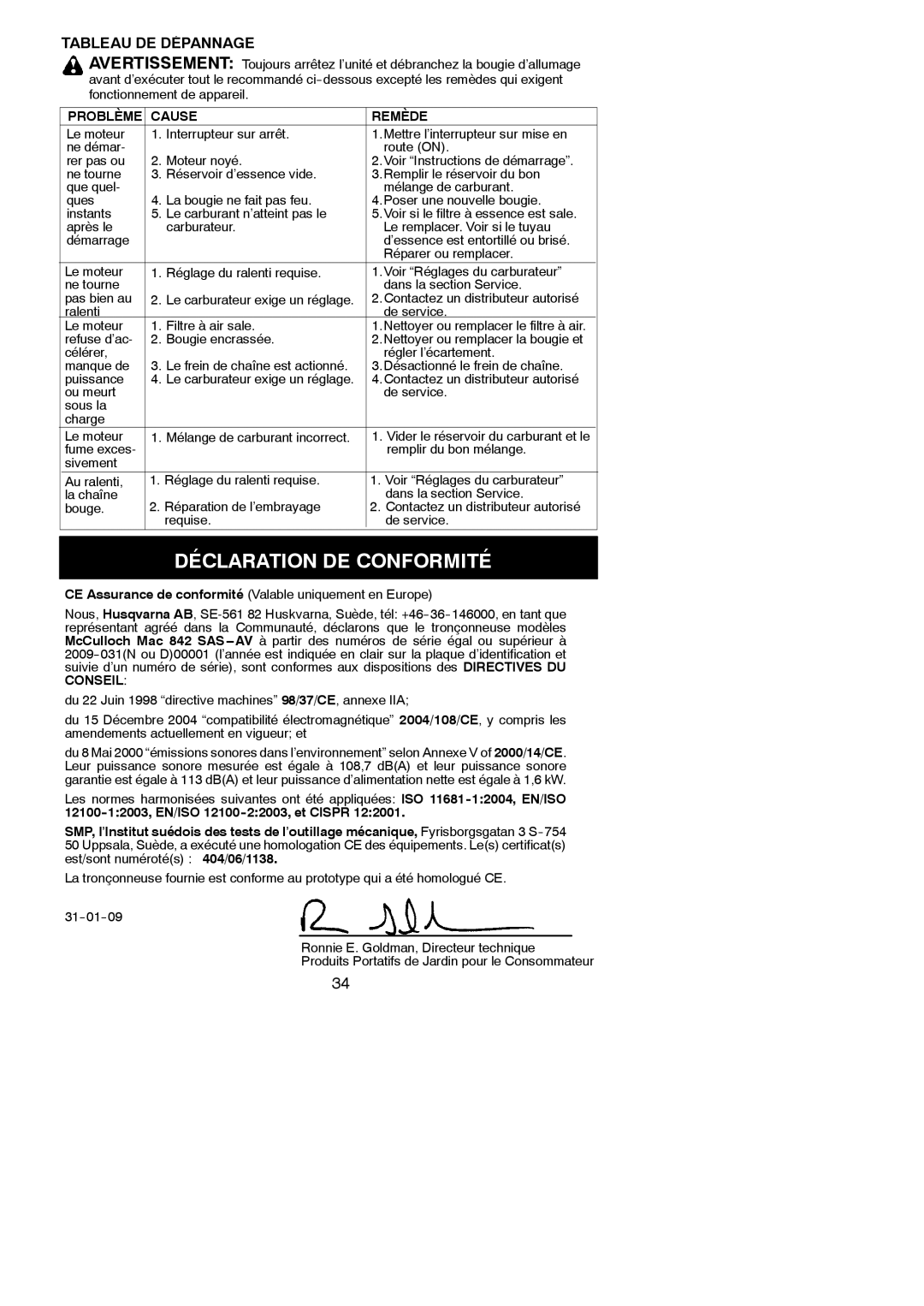 McCulloch MAC 842 instruction manual Déclaration DE Conformité, Tableau DE Dépannage, Cause Remède 