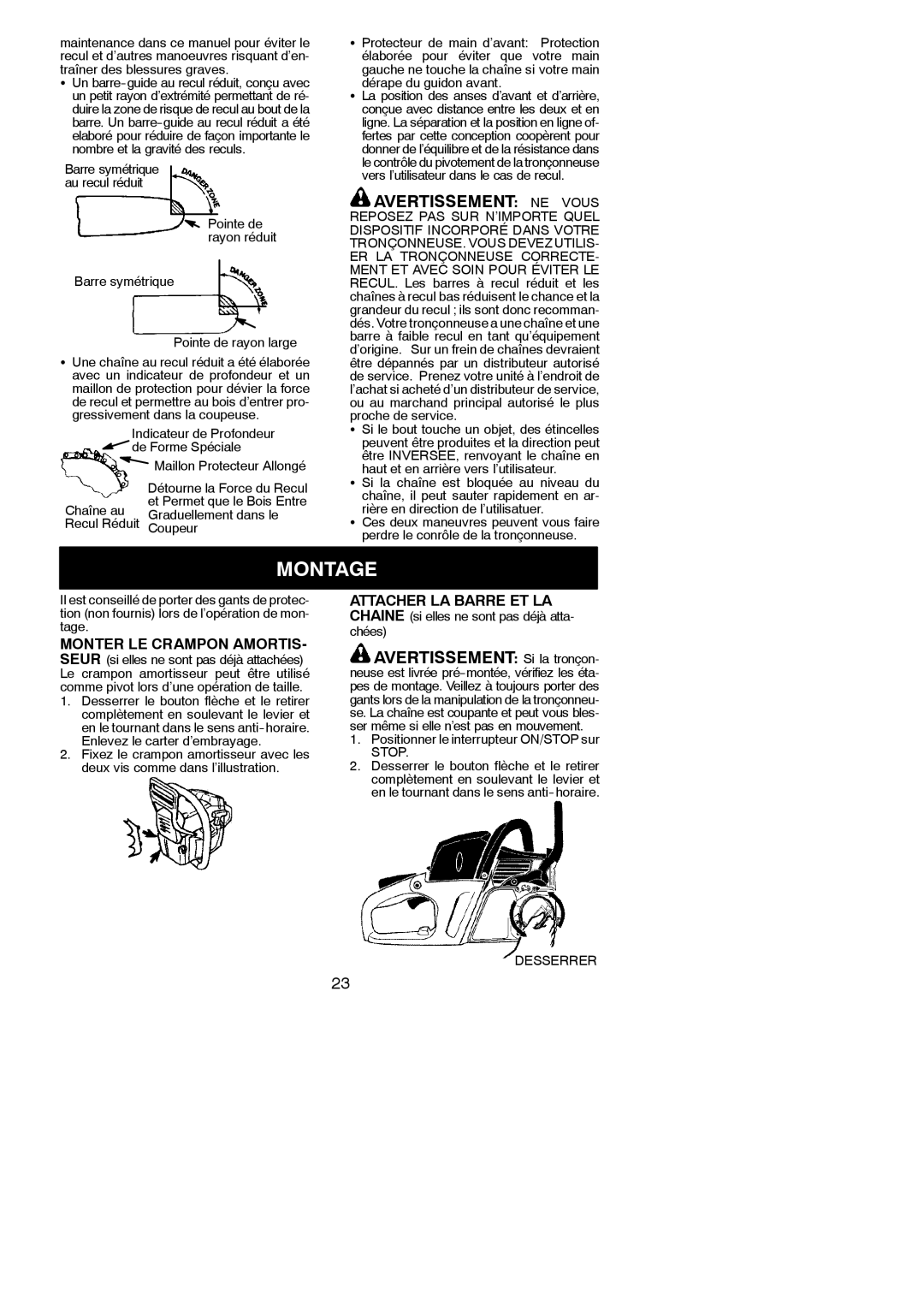 McCulloch MAC 842 instruction manual Montage, Avertissement Si la tronçon, Maillon Protecteur Allongé 