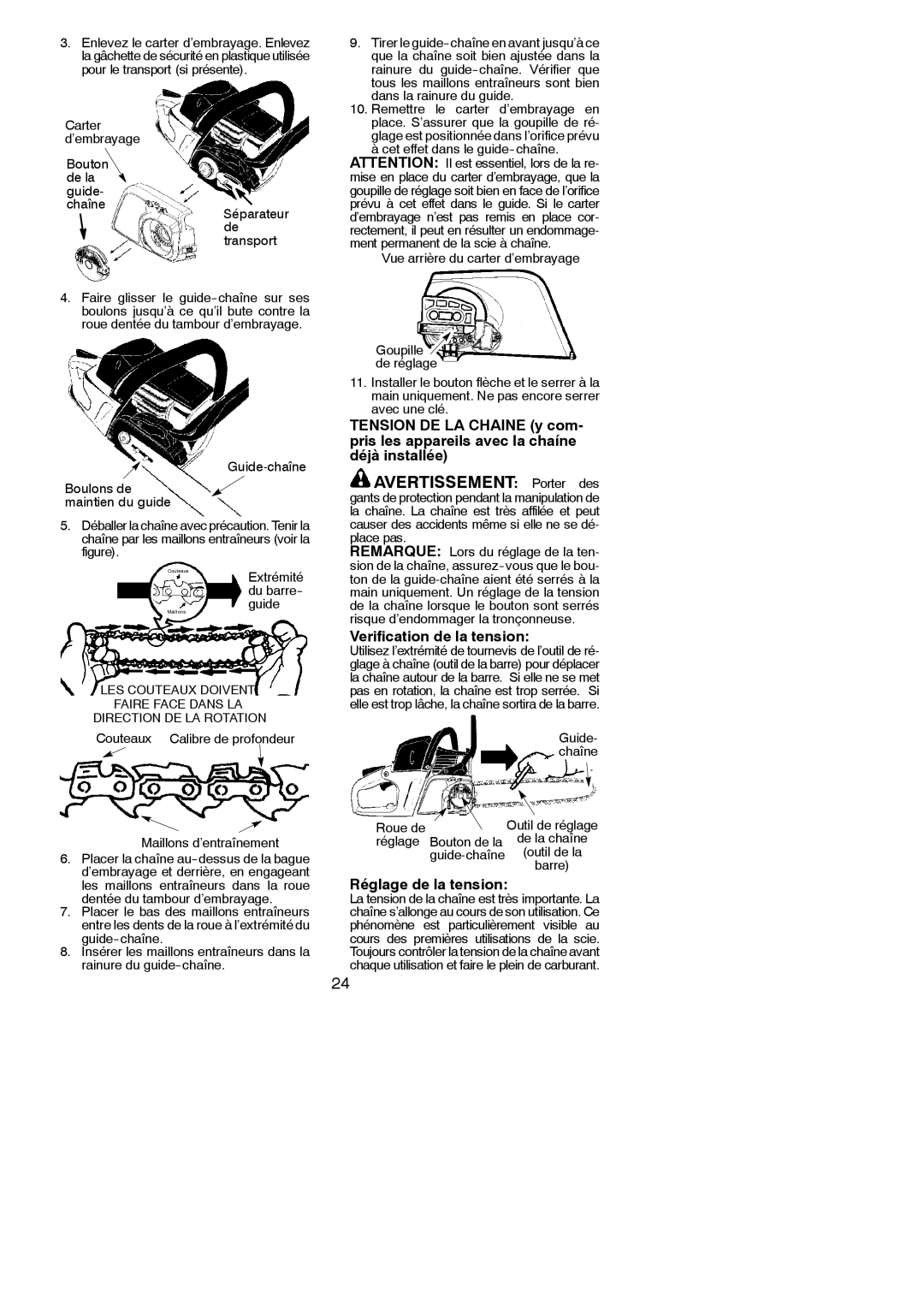 McCulloch MAC 842 instruction manual Avertissement Porter des, Verification de la tension, Réglage de la tension 