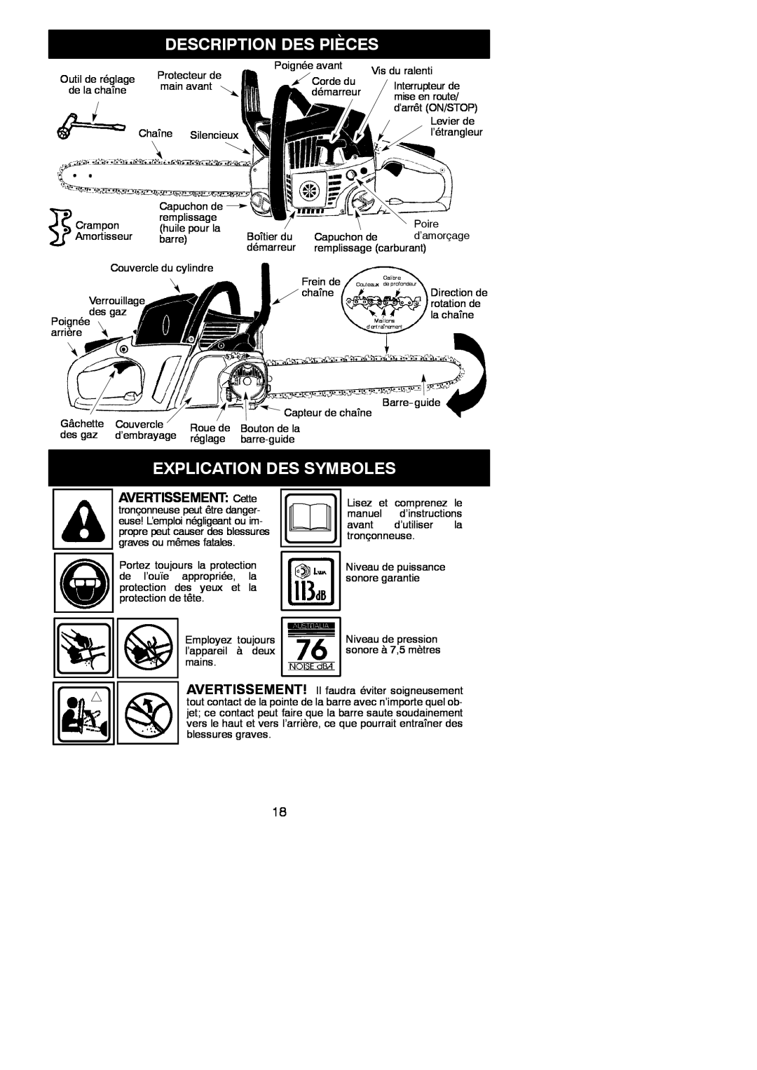 McCulloch MAC 842 instruction manual Description Des Pièces, Explication Des Symboles, AVERTISSEMENT Cette, Avertissement 