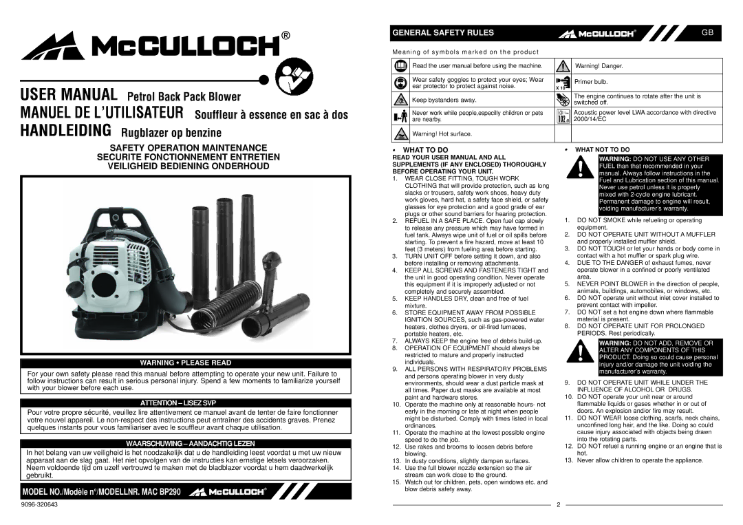 McCulloch MAC BP290 user manual General Safety Rules, What to do 