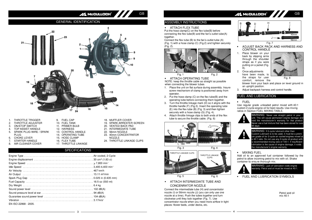 McCulloch MAC BP290 user manual General Identification Assembly Instructions, Fuel and Lubrication, Specifications 