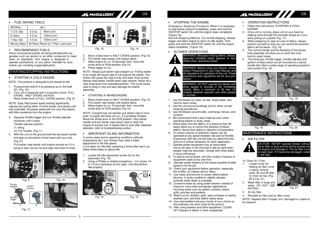 McCulloch MAC BP290 user manual Maintenance Instructions 